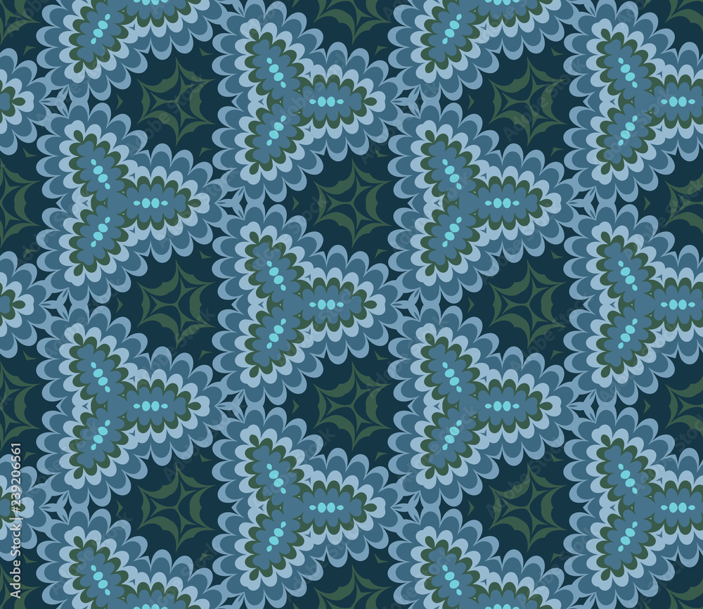 Seamless hexagonal pattern from turquoise, green and blue geometrical abstract ornaments on a dark background. Vector illustration can be used for textiles, wallpaper and wrapping paper Seamless hexagonal pattern from turquoise, green and blue geometrical abstract ornaments on a dark background. Vector illustration can be used for textiles, wallpaper and wrapping paper