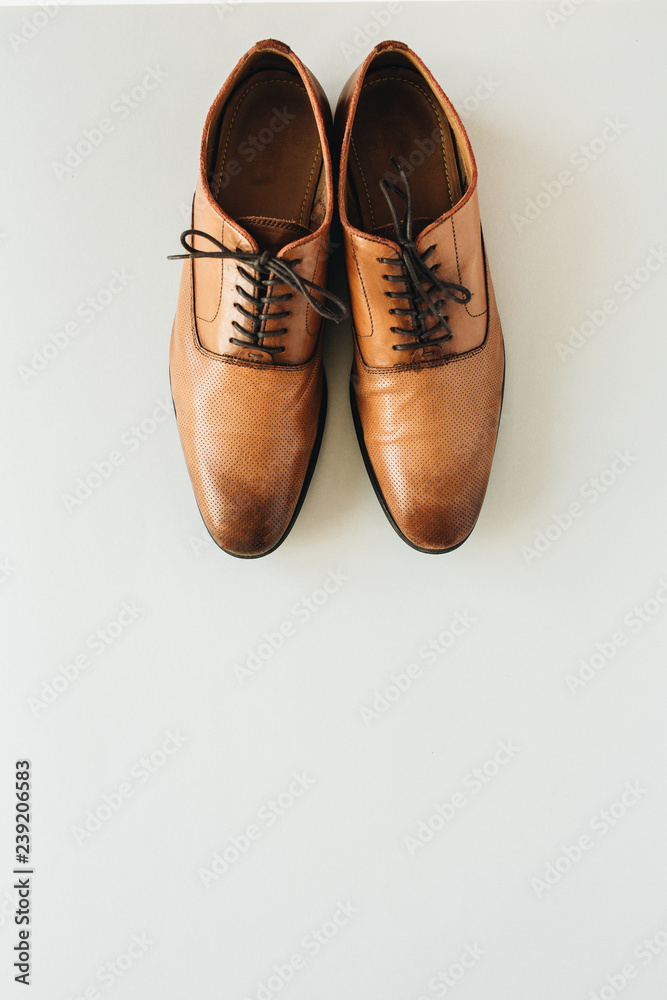 Men's leather shoes. Flat lay, top view fashion background - obrazy, fototapety, plakaty 
