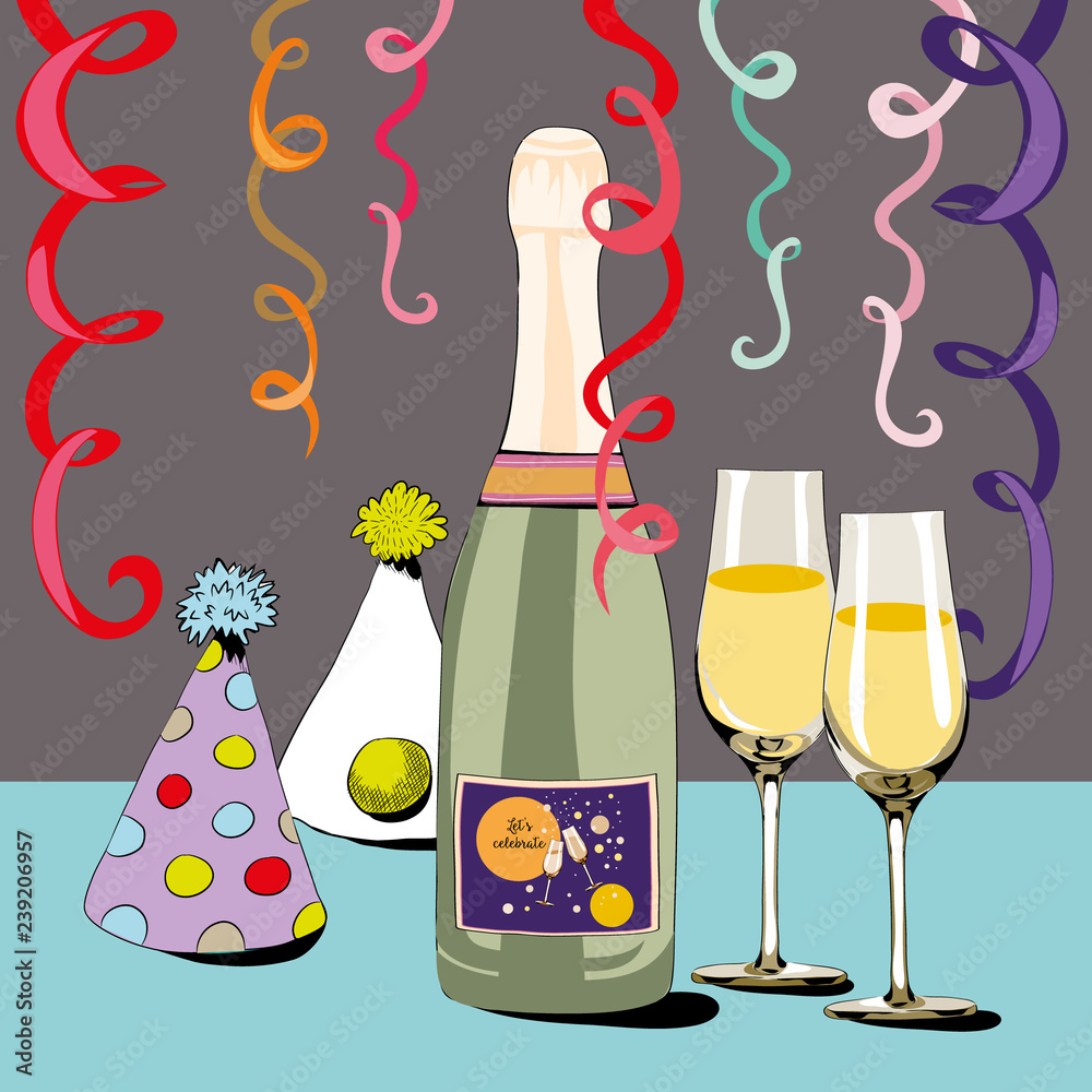 Party hats with champagne. happy New Year 2019. Vector illustration of party items with confetti Party hats with champagne. happy New Year 2019. Vector illustration of party items with confetti