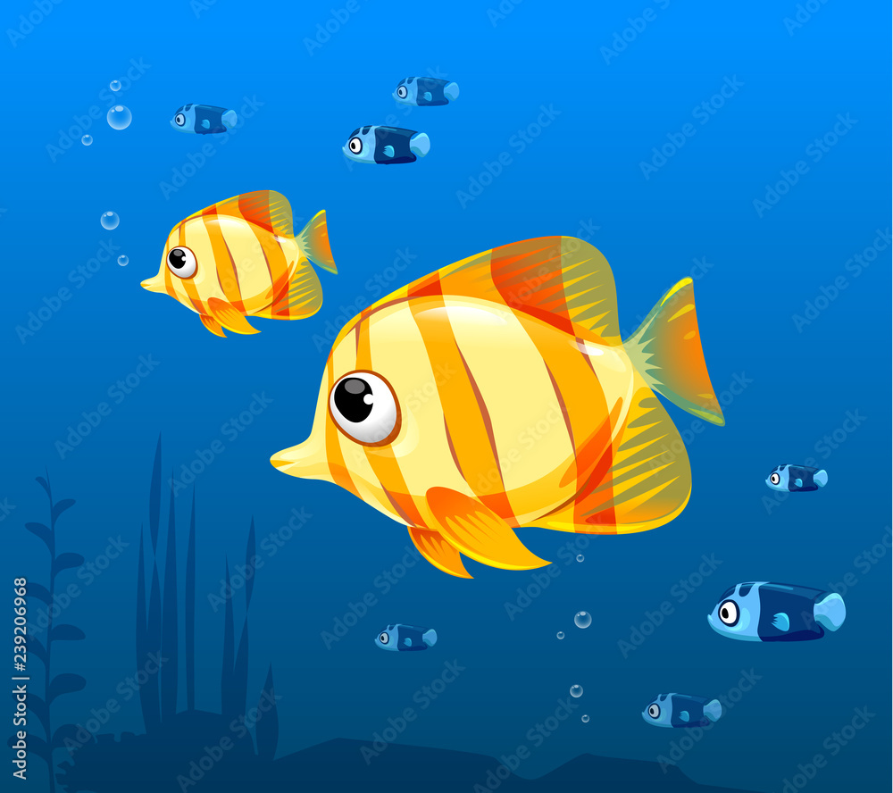 Vector illustration of cute fish cartoon, marine aquarium