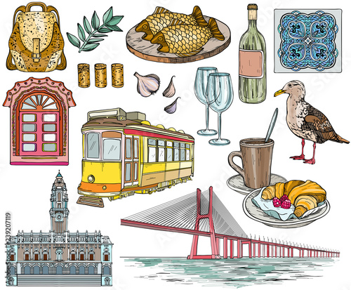 Set of Portugal drawings and landmarks.