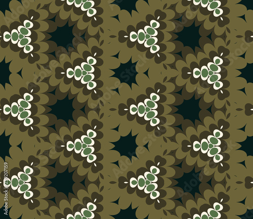 Seamless triangular pattern from white, green and olive geometrical abstract ornaments on a dark background. Vector illustration can be used for textiles, wallpaper and wrapping paper