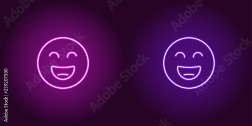 Neon illustration of grinning emoji. Vector icon