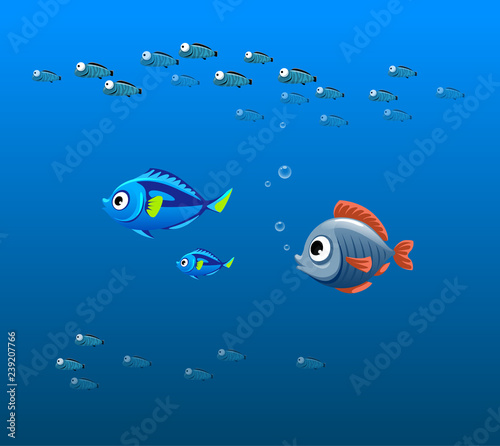 vector illustration of fish in the water, sea underwater, shoal of fishes