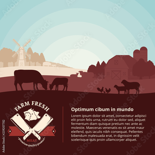 Vector farm fresh meat illustration with rural landscape and farm animals. Modern style butchery label. Butcher's shop or farming design elements.