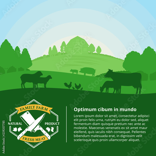 Vector farm fresh meat illustration with rural landscape and farm animals. Modern style butchery label. Butcher's shop or farming design elements.