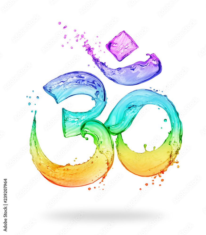 Hindu sign Om made of colored water splashes on white background - obrazy, fototapety, plakaty 