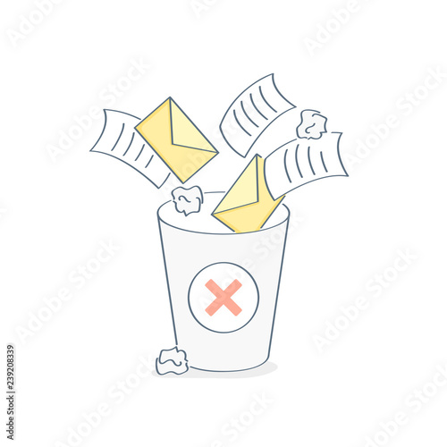 Garbage collection and removal of unnecessary files, clearing of spam, letters, papers and documents to the trash bin. Colorful vector illustration in flat outline cartoon style.