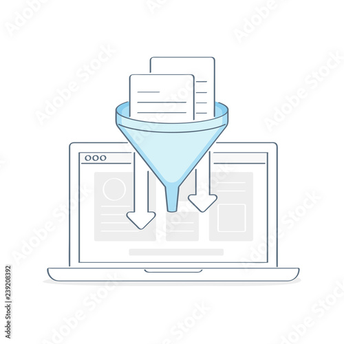 Filtration, bid data filter, information filtering, data processing or data collection, content compilation. Paper documents are passed through the funnel or posting on the laptop