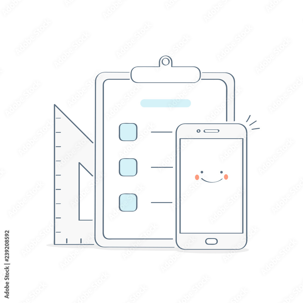 App development tools for work, application design and drawing: triangle, mobile phone, clipboard check list marks. Engineering designer and architecture instruments App development tools for work, application design and drawing: triangle, mobile phone, clipboard check list marks. Engineering designer and architecture instruments