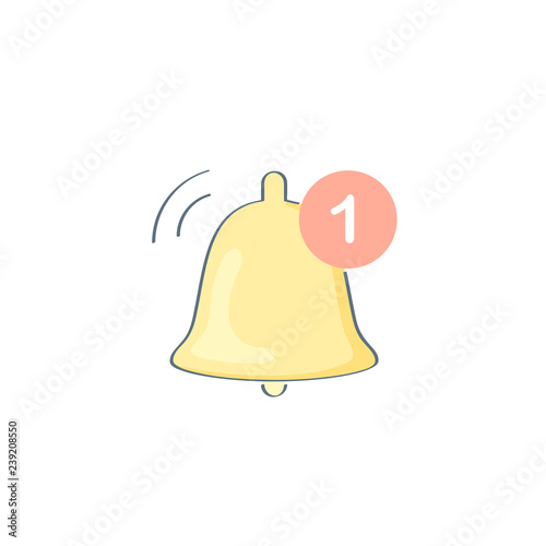 Notification bell icon for incoming inbox message. Yellow jingle, alert with red notification number sign for alarm clock and smartphone application alert