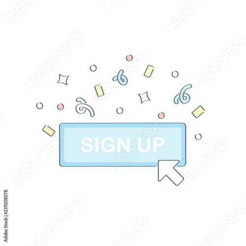 Sign in or sign up, login, registration, login button with cursor and confetti. Subscribe concept, content updates and news feed icon
