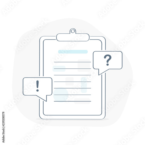 Clipboard with survey or exam form paper sheets pile with checklist, result assessment, idea of education test, questionnaire, document, terms and conditions, FAQ
