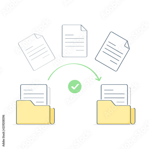 Data transfer, file copying, uploading process, file sharing or sending documents from one folder to another. Flat outline isolated vector illustration on white background. Modern trendy ui element.