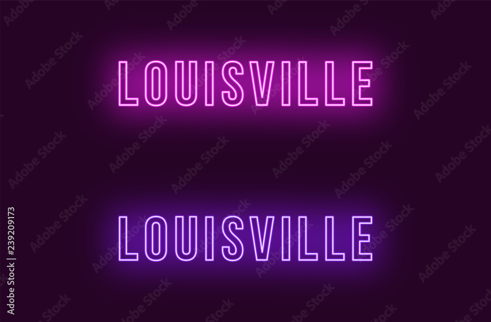 Neon name of Louisville city in USA. Vector text