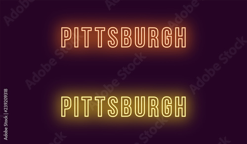 Neon name of Pittsburgh city in USA. Vector text