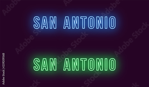 Neon name of San Antonio city in USA. Vector text