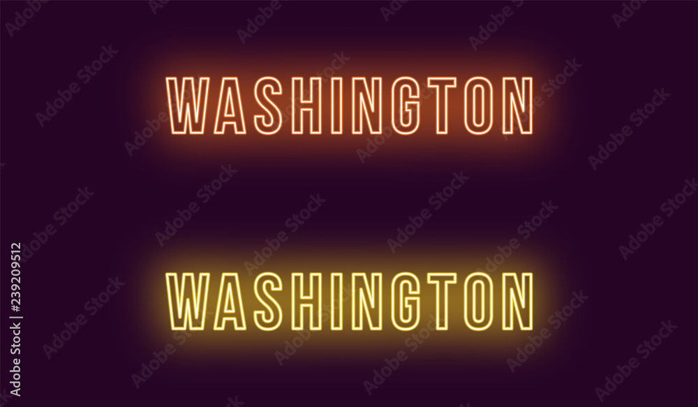 Neon name of Washington city in USA. Vector text
