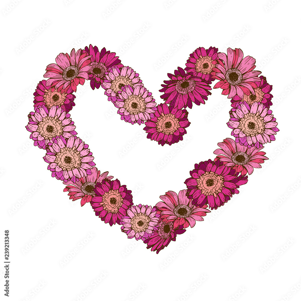 Heart of daisy flowers isolated on white background. Romantic flower collection. Vector Illustration for Happy Valentines Day Design. Heart of daisy flowers isolated on white background. Romantic flower collection. Vector Illustration for Happy Valentines Day Design.