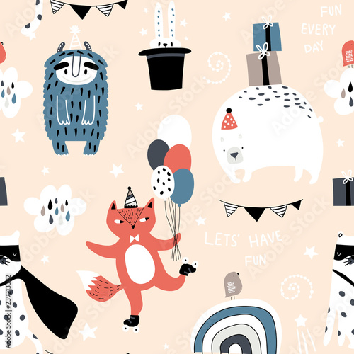 Seamless childish pattern with cute monster, fox, bear, leopard and party elements. Creative kids texture for fabric, wrapping, textile, wallpaper, apparel. Vector illustration