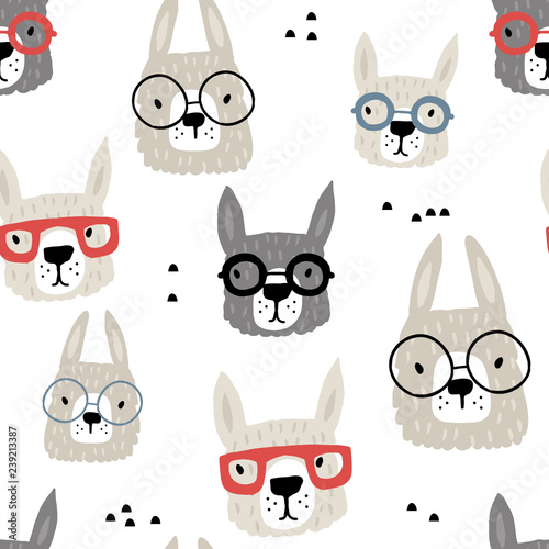 Seamless pattern with funny alpaka in glasses. Creative hand drawn llama childish texture. Great for fabric, textile Vector Illustration