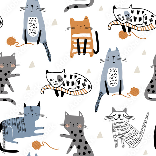 Seamless pattern with cute Kittens in diferent style playing with balls of yarn. Creative childish texture. Great for fabric, textile Vector Illustration