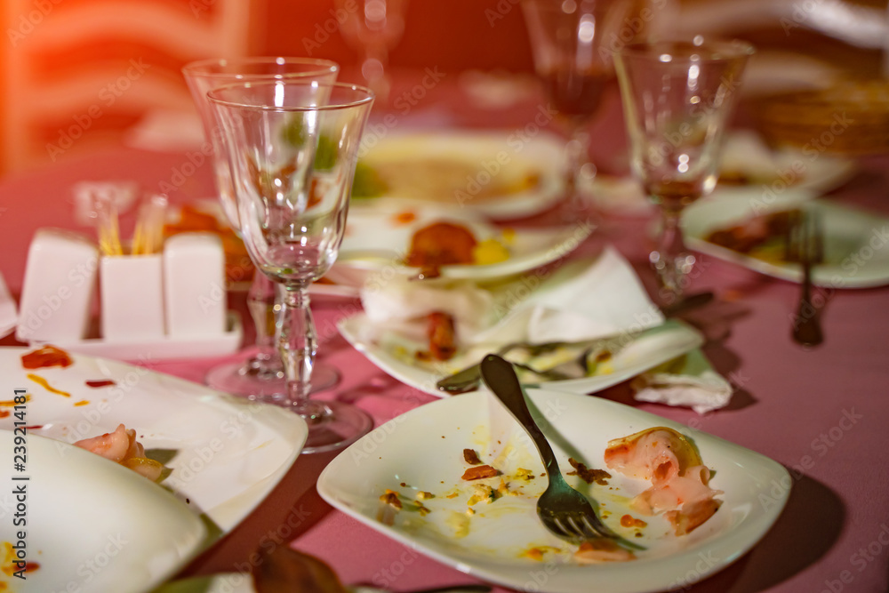 Dirty empty dishes with wasted food on served festive table after dinner party. Leftovers, empty plates after banquet. Dirty empty dishes with wasted food on served festive table after dinner party. Leftovers, empty plates after banquet.