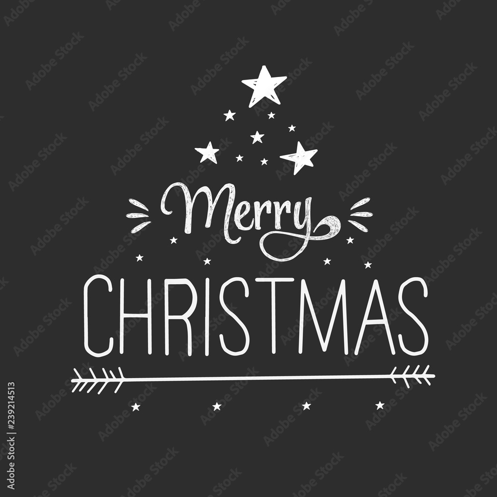 Vector hand drawn greeting card Merry Christmas. Black and white illustration with stars and hand drawn lettering. Holiday banner on black backgroung Vector hand drawn greeting card Merry Christmas. Black and white illustration with stars and hand drawn lettering. Holiday banner on black backgroung