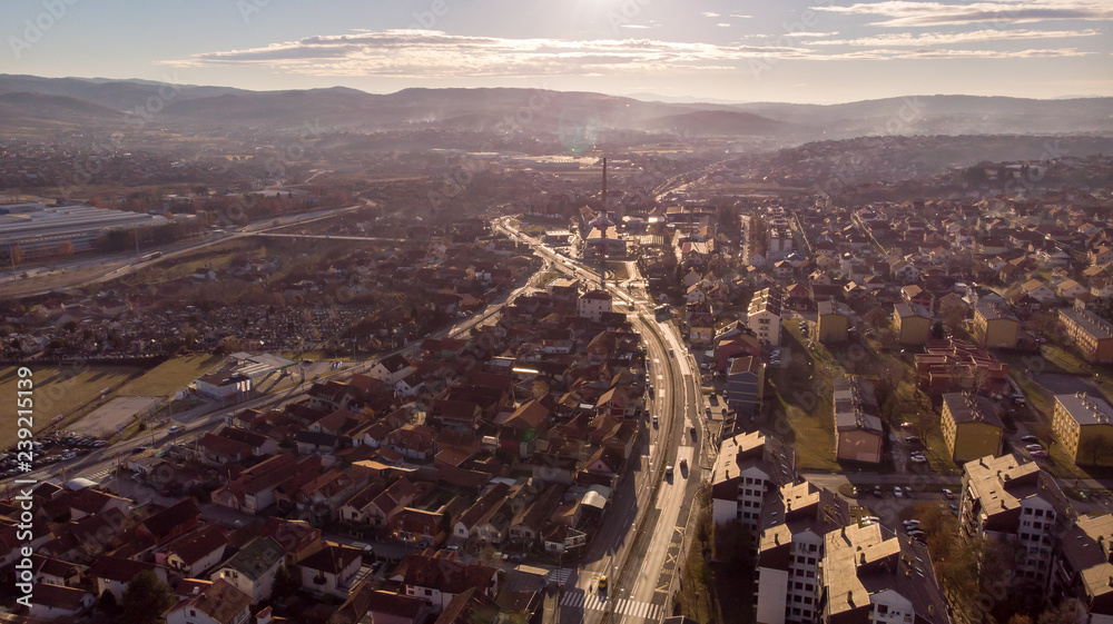 Aerial view of Kragujevac town in central Serbia. Sunny day on start of winter.