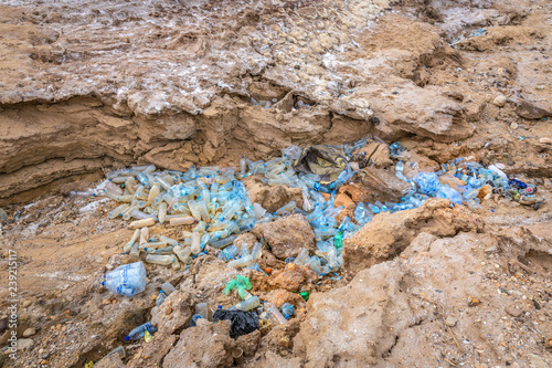 Big quantities of plastic trash accumulated in the edge of the Dead Sea in Jordan