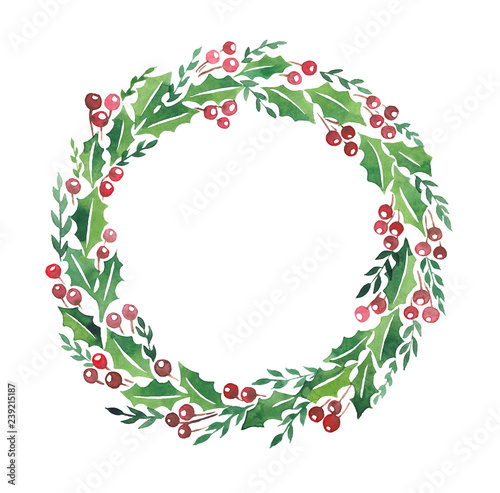 Christmas wreath watercolor paint frame New Year 2019