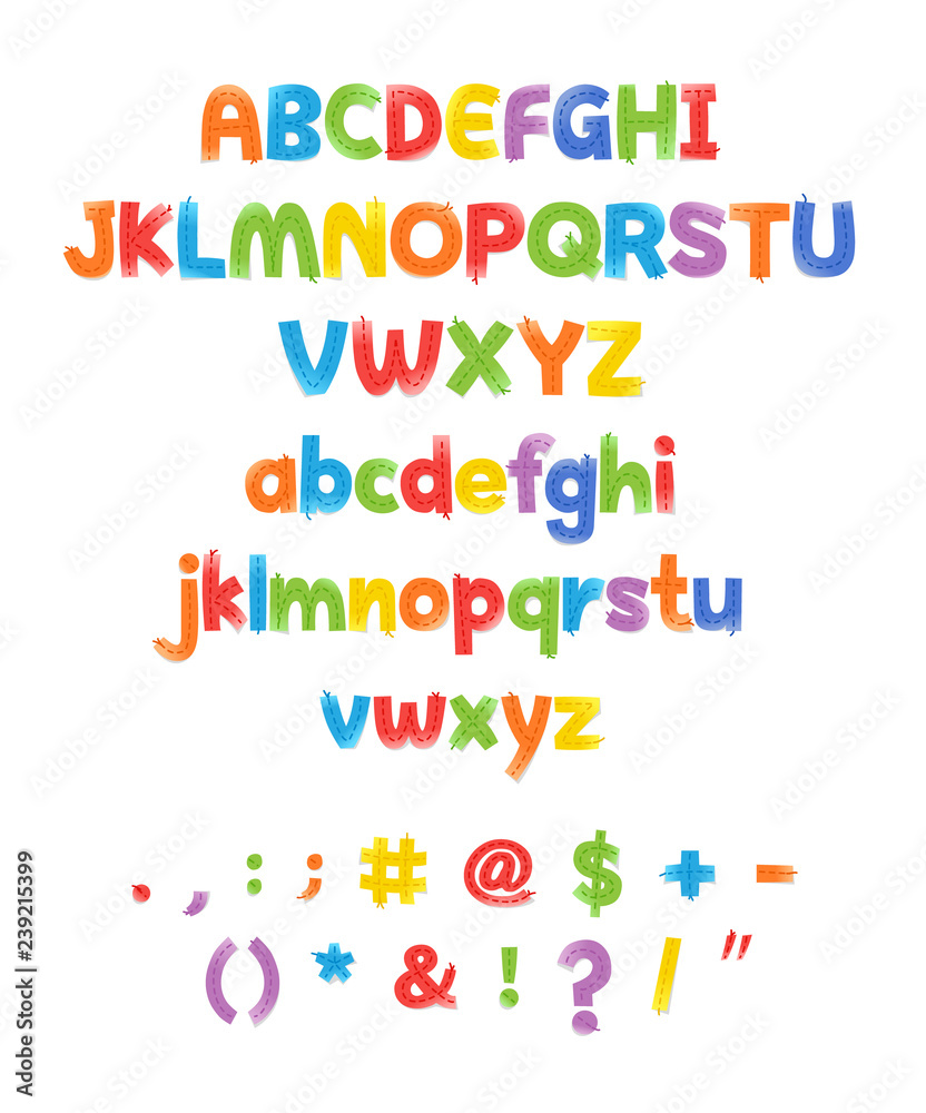 vector colored english alphabet numbers and signs sewed