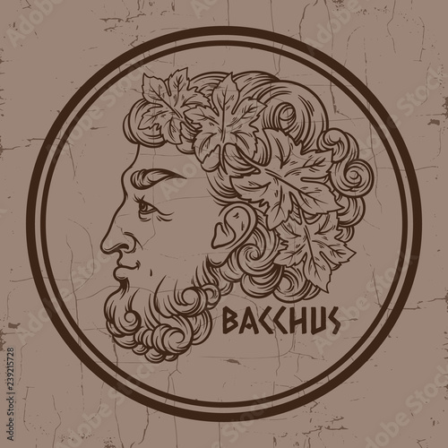 Vector hand drawn illustration with God of wine. Artwork with profile of antique God. Template for card, poster, banner, print for t-shirt.