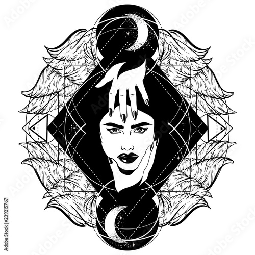 Vector hand drawn illustration of beautiful woman with hands.  Tattoo artwork with portrait in Noir style. Template for card, poster, banner, print for t-shirt.