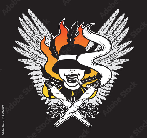 Vector hand drawn illsutration of person in hat with joint. Tattoo artwork with wings. Colorful template for card, poster, banner, print for t-shirt made in cartoon style.