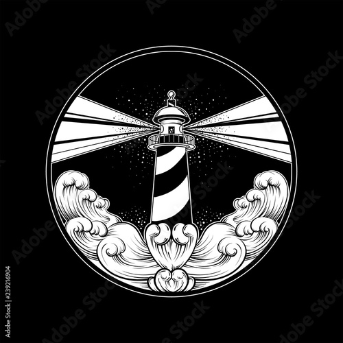 Vector hand drawn illustration of lighthouse with rays and waves. Tattoo artwork. Template for card, poster, banner, print for t-shirt.