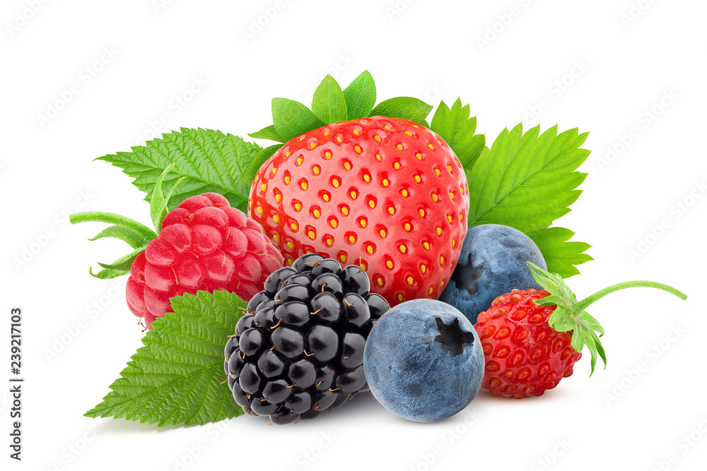 wild berries mix, strawberry, raspberry, blueberry, blackberry, isolated on white background, clipping path, full depth of field wild berries mix, strawberry, raspberry, blueberry, blackberry, isolated on white background, clipping path, full depth of field