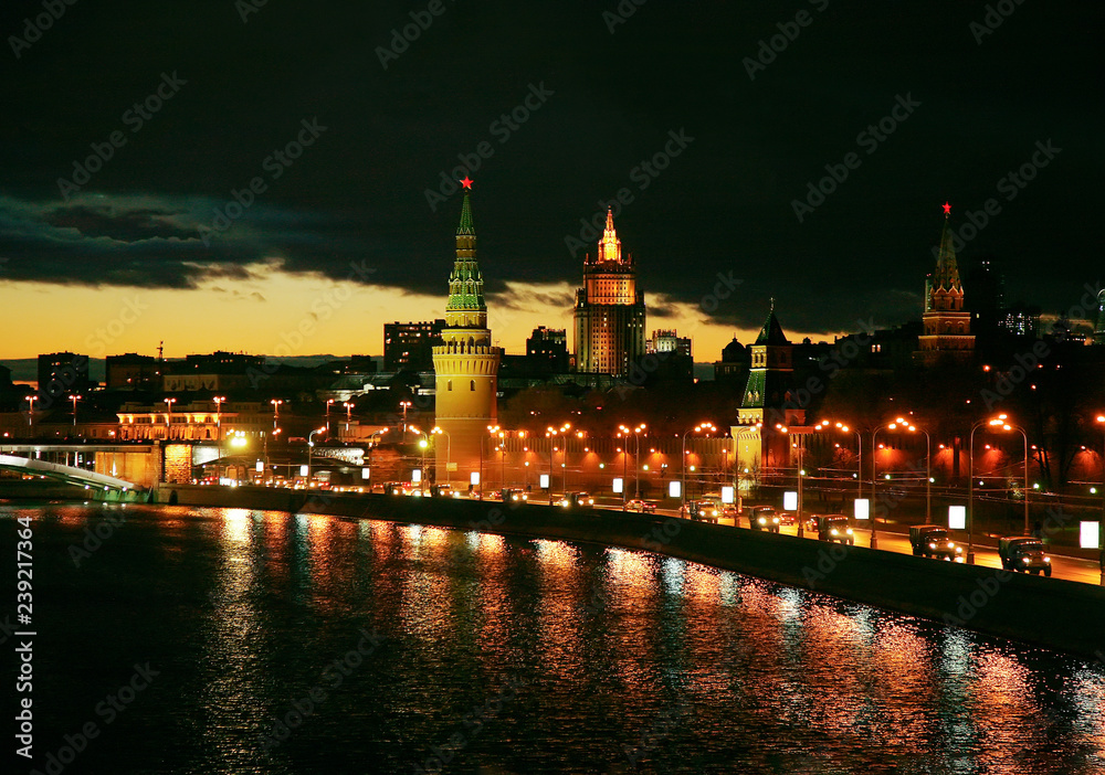 Moscow At Night  Kremlin  AND stalin vysotka (skyscraper),  river