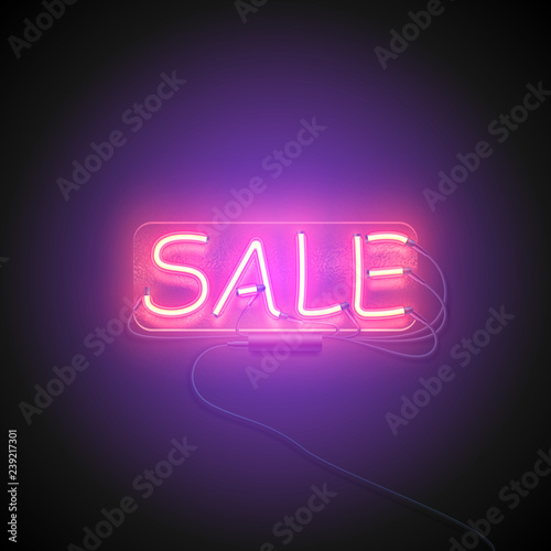 Neon sign. Retro neon Sale sign on purple background. Design element for your discount proposition. Ready for your design, banner. Vector illustration.