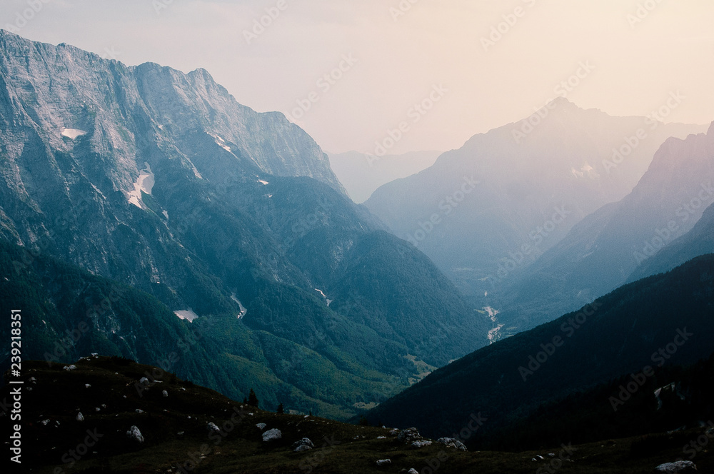 Mountain landscape with Mangart mountain in Julian Alps on the border between Italy and Slovenia