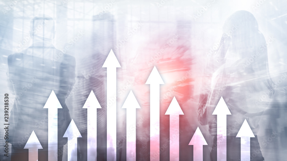 Up arrow graph on skyscraper background. Invesment and financial growth concept. Up arrow graph on skyscraper background. Invesment and financial growth concept.