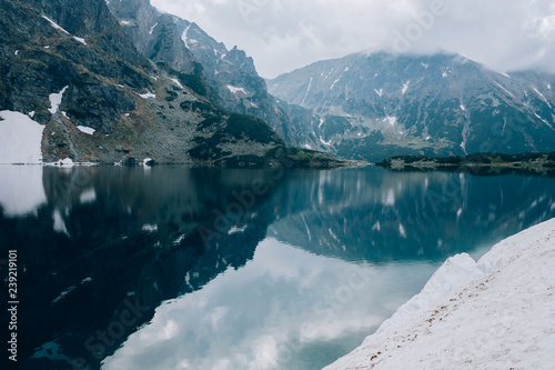 Reflection of mountains in water of Czarny Staw pond, Tatra Mountains, Poland