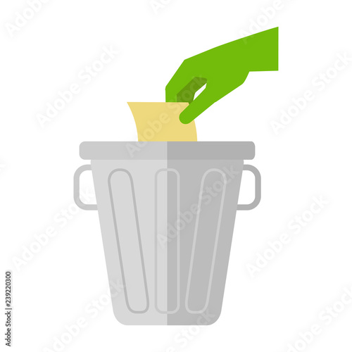 The hand throws garbage, garbage, garbage into the trash can. Do not litter. Vector illustration. EPS 10.