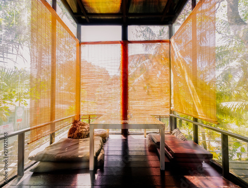 Interior submitted to the Japanese style and sun shines through the windows shades