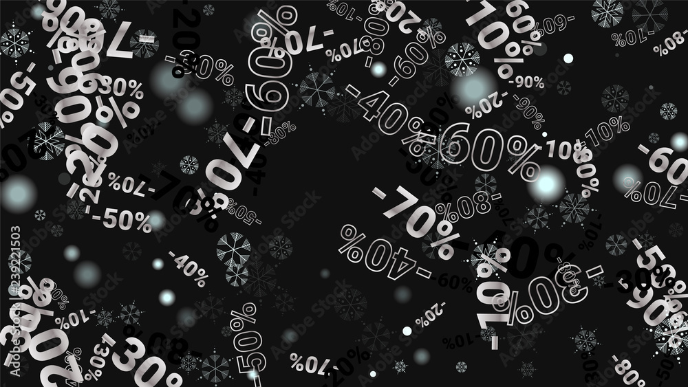 Percent Sings on Dark Background. Black Poster with Silver Percent Sings and Snowflakes. Vector Discount Sale Background.