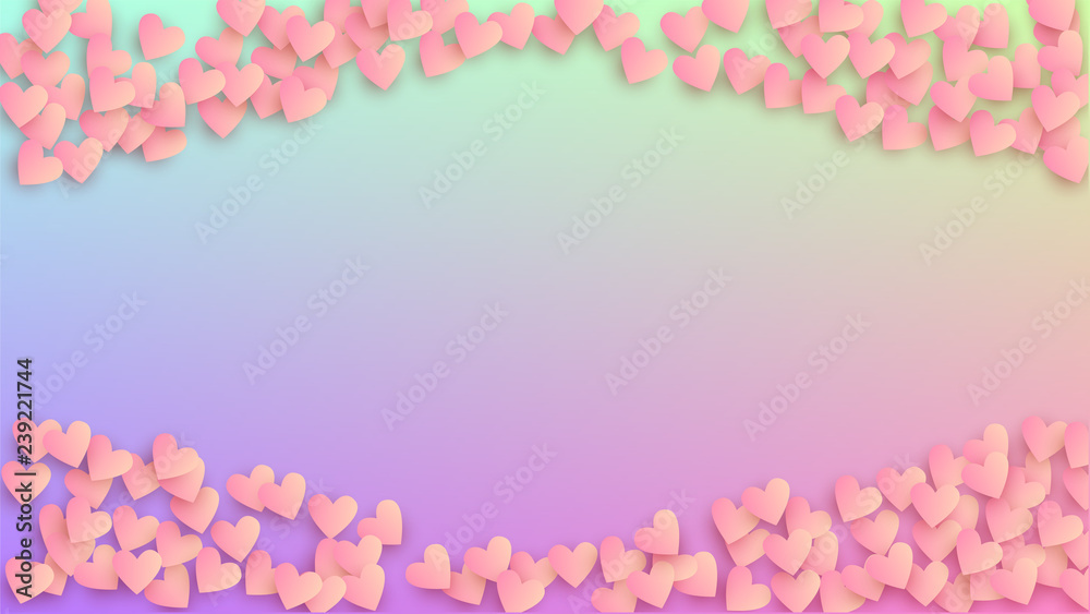 Love Background. Many Random Falling Purple Hearts on Hologram Backdrop. Heart Confetti Pattern. Card Template. Vector Love Background.