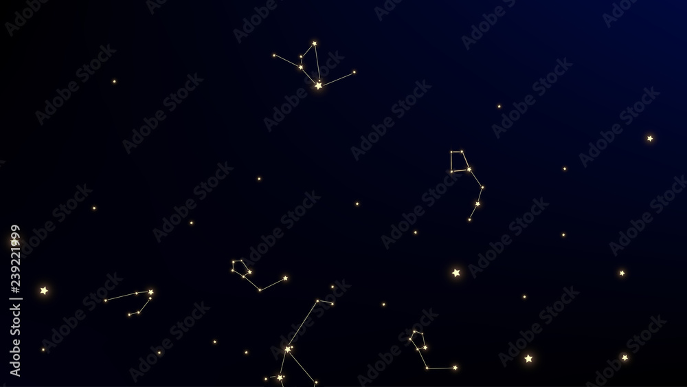 Constellation Map. Dark Blue Galaxy Pattern. Shining Cosmic Sky with Many Stars. Astronomical Print. Vector Constellation Map Background.