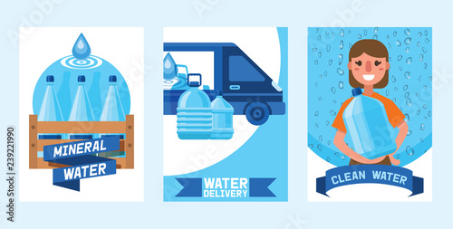 Water bottle vector man woman character delivering water drink liquid aqua bottled in plastic container backdrop set illustration bottling water cooler on background