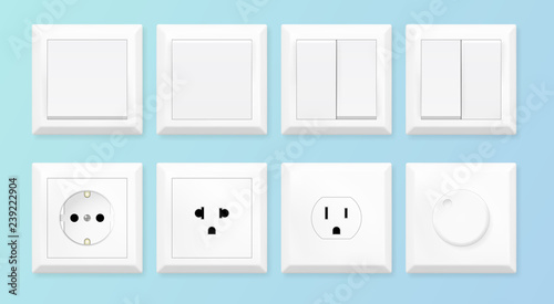 Realistic white switches and socket set. European and american power socket standards. Vector illustration.