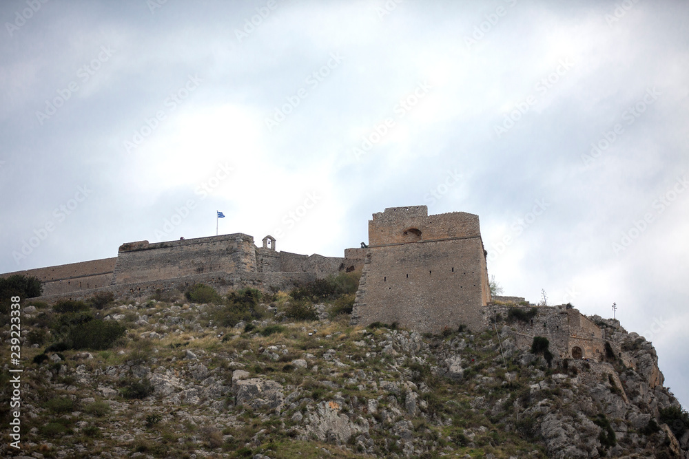 Palamidi fortress on the hill, Nafplion - Greece. Walls and bastions of Palamidi fortress, Nafplio, Peloponnese, Greece - Immagine